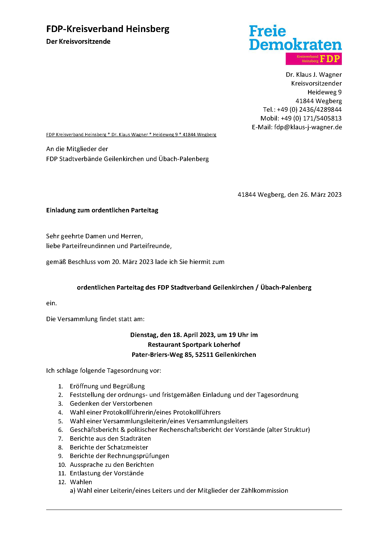Einladung Parteitag FDP Geilenkirchen / Übach-Palenberg